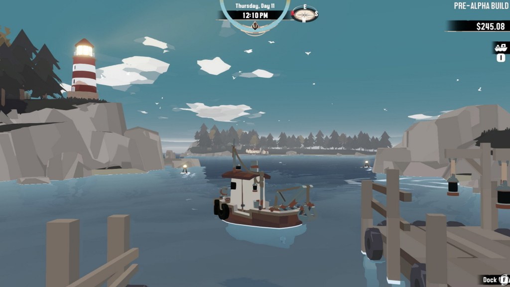 Screenshot of Dredge gameplay. 3rd person view of a boat